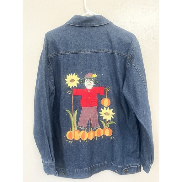VTG Quacker Factory Denim Jacket Womens M Scarecrow Pumpkin Fall Embroidered - Picture 1 of 8